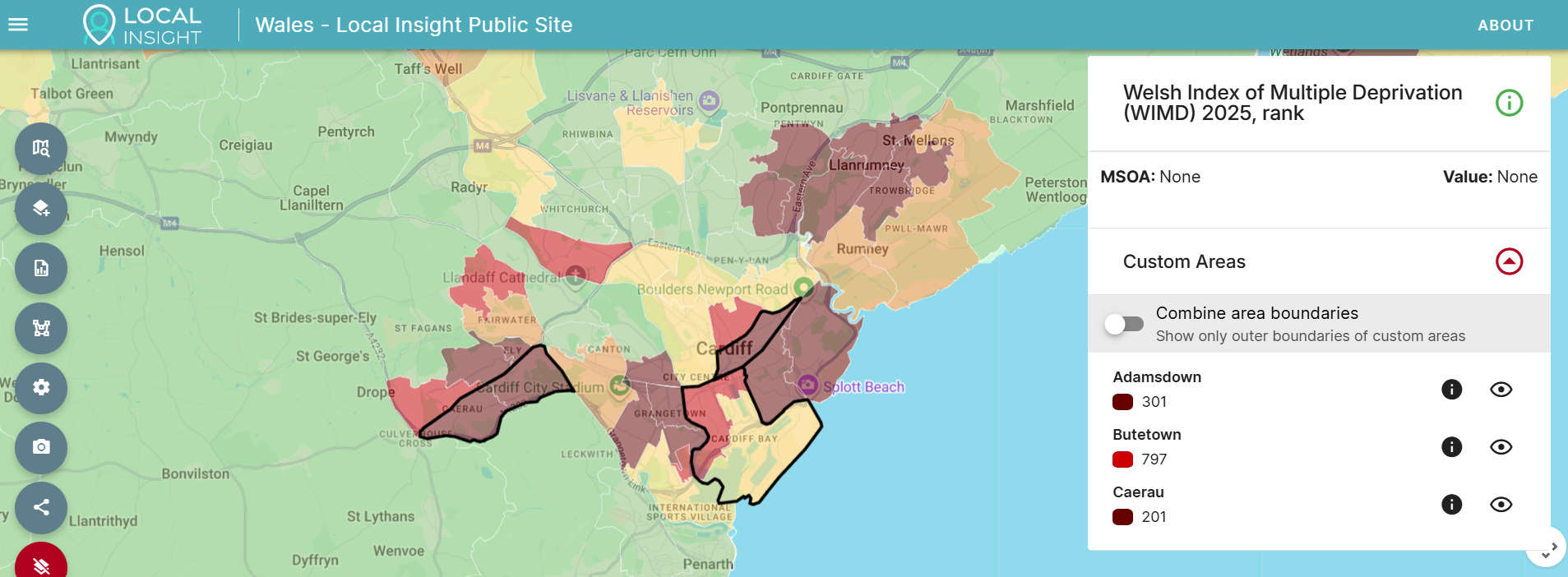 Shows Area boundaries for 3 wards in Cardiff displayed on the map and the data value for each custom area listed on the right.